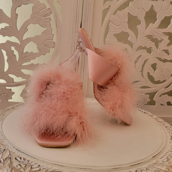 LADY HELENA" Blush Feather Crystal Satin Clear Heel Mules - Picture 4 of 7